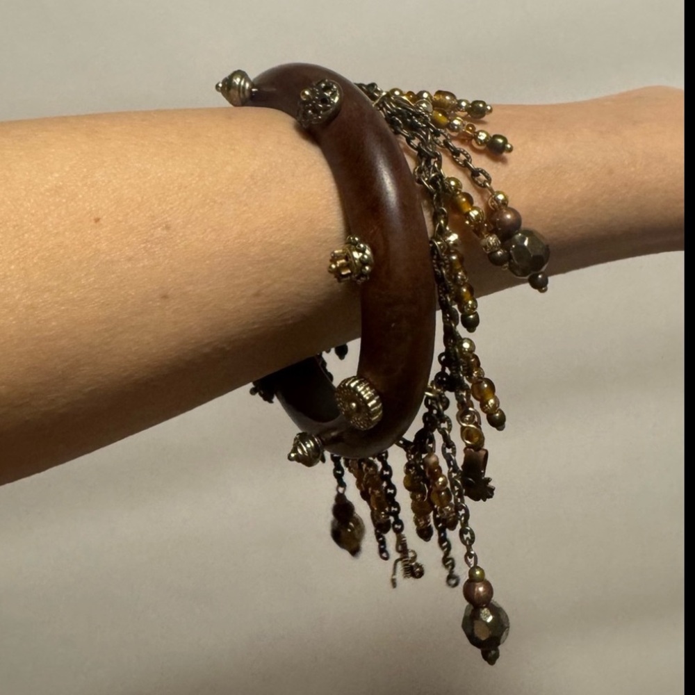 Wooden Bracelet with Gold Accents and Chains - Picture 7 of 13